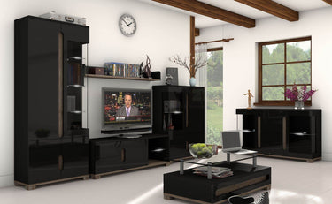 Sleek Black Gloss TV Unit with Oak Effect, Ample Storage, and 50-inch TV Capacity - UK Luxury Furniture